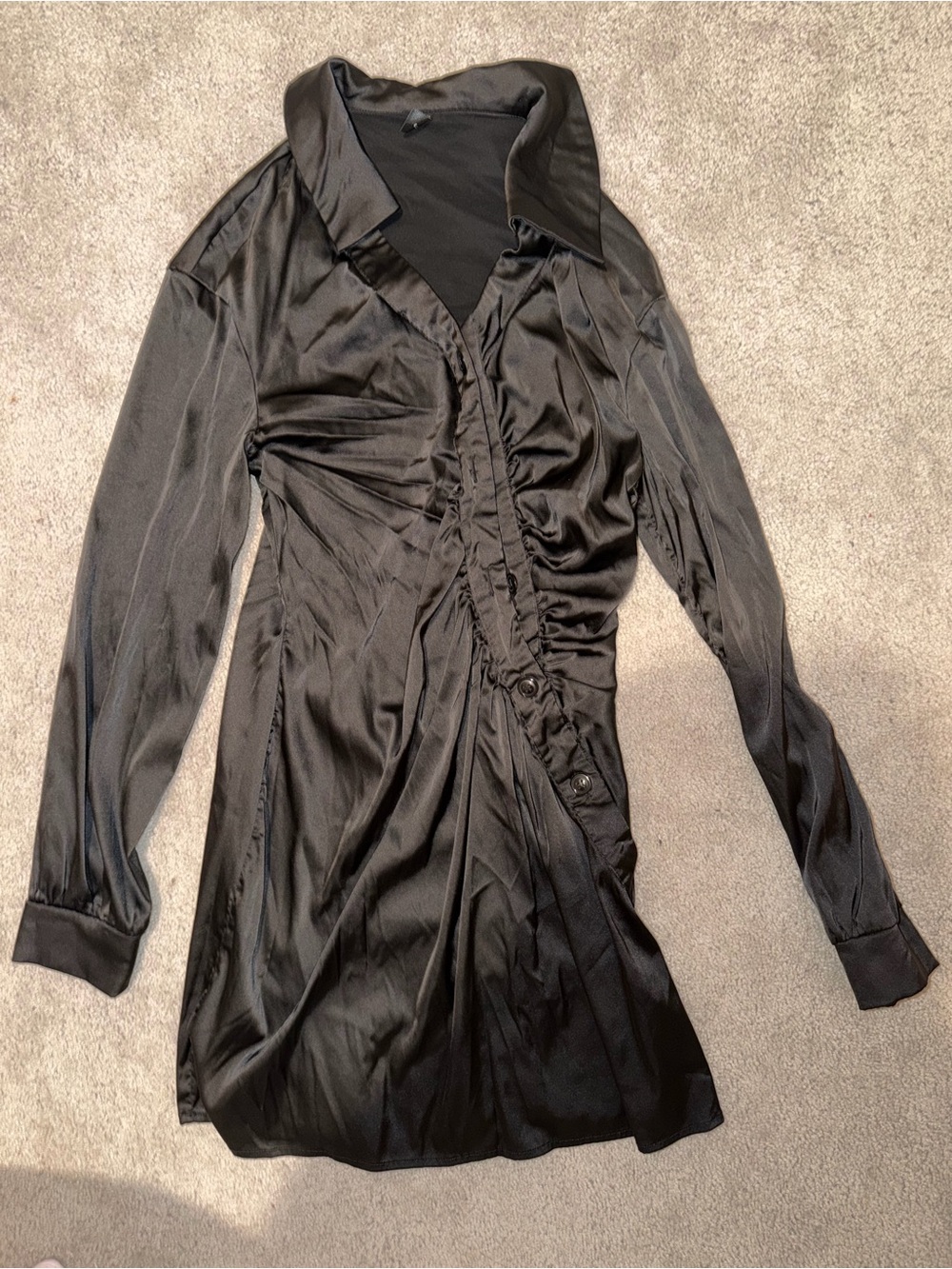SHEIN Black Long-Sleeve Ruched Satin Shirt Dress